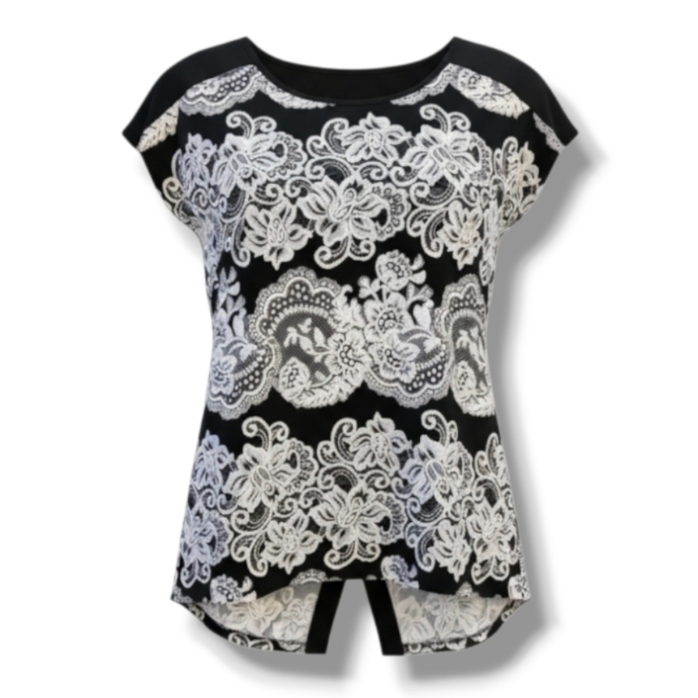 Ava James Black & White Floral Split-Back Blouse – Women’s Medium